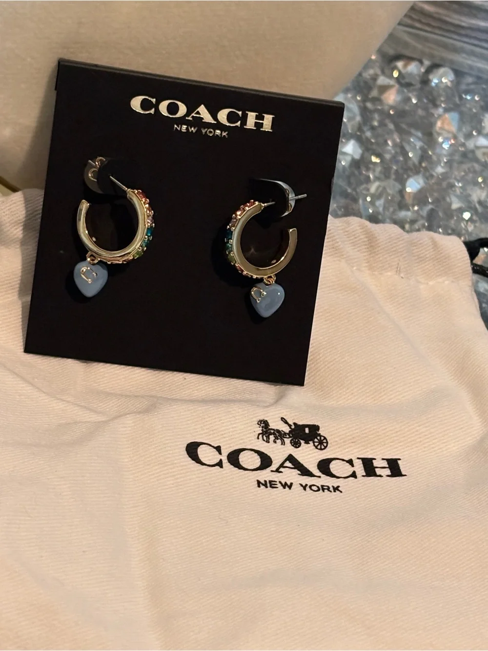 NWT Coach Rainbow Pavé Heart Charm Huggie Hoop Earrings Blue Gold